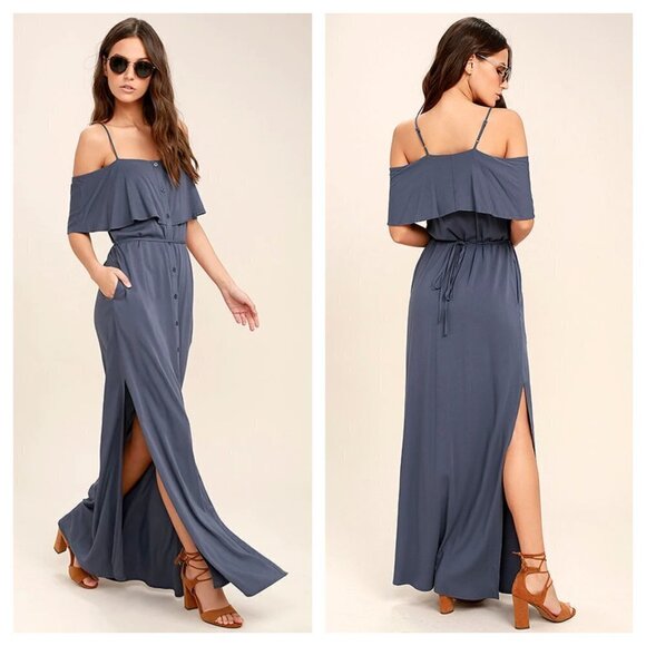 Lulus Dresses & Skirts - NEW Lulu's XS Life's Wonders Denim Blue Off-the-Shoulder Long Maxi Dress NWT